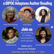 Blue event flyer for BIPOC Adoptees reading event. Profile pictures of five BIPOC adoptee authors.
