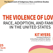 White, red, and yellow event flyer for a book talk entitle The Violence of Love: Race, Family, and Adoption in the United States.