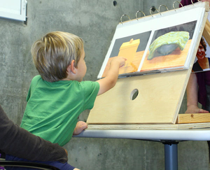 A toddler pointing to a picture while a research assistant looks on.